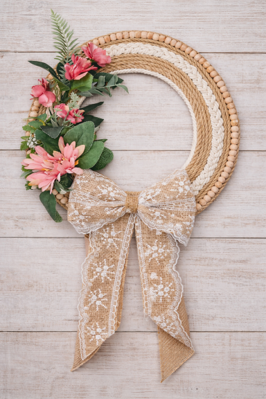 boho beaded wreath neutral farmhouse decor floral wood bead wreath rustic wall decor handmade wreath with bow