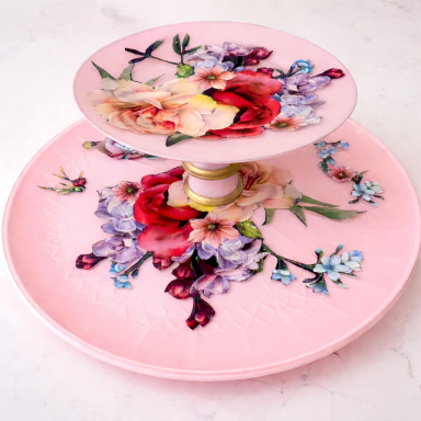 Handmade floral tiered tray centerpiece pink glass decor farmhouse style