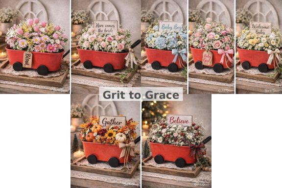 decorative red wagon flower arrangement farmhouse centerpiece rustic home decor seasonal wagon display gift idea