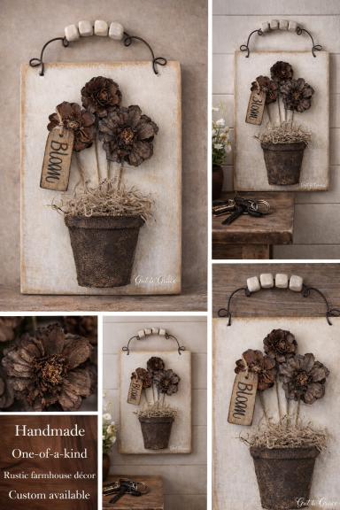 rustic pine cone wall decor farmhouse floral wall art handmade wood sign neutral home decor nature inspired decor